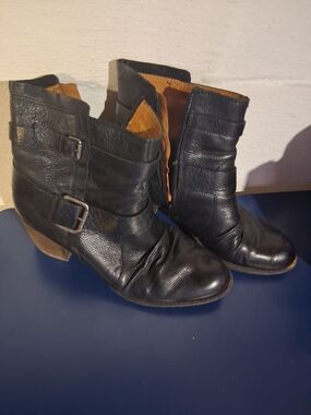 Women's Black Leather Ankle Boots with Buckle Detail
